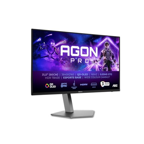 AOC AG326UD 31.5 Zoll UHD USB Hub Monitor, 165Hz, QD-OLED Panel, 0.03ms GtG, Adaptive Sync, HDR400 TrueBlack, G-Sync Comp., Höhenverstellung,Lautsprecher,(3840x2160 HDMI 2X 2.1 DP 1x 1.4) Schwarz