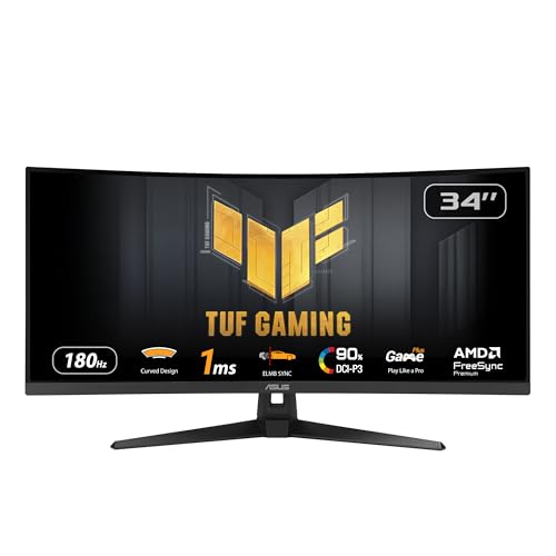 ASUS TUF Gaming VG34VQ3B - 34 Zoll UWQHD Curved Monitor - 180 Hz, 1ms MPRT, FreeSync, ELMB, DisplayHDR 400 - VA Panel, 21:9, 3440x1440, DisplayPort, HDMI, USB, ergonomisch, Speaker