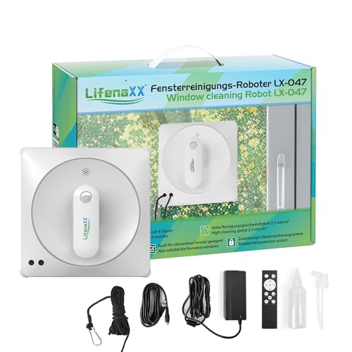 Lifenaxx Fensterreinigungsroboter LX-047, elektrischer Fensterreiniger mit 2 Sprühdüsen, hohe Saugkraft, großer 70-ml-Wassertank, Fernbedienung – ideal für Fenster, Fliesen, Spiegel