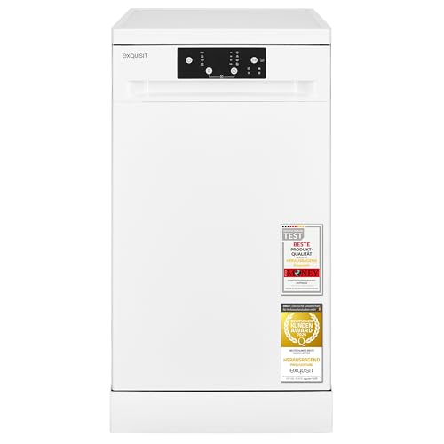 Exquisit Geschirrspüler | 9 Maßgedecke, Energieklasse D, 49 dB Geräusch | Startzeitverzögerung, Aquastop, Mehrfach Wasserschutz, höhenverstellbarer Oberkorb, Edelstahl-Bottich | GSP9109-450D weiss