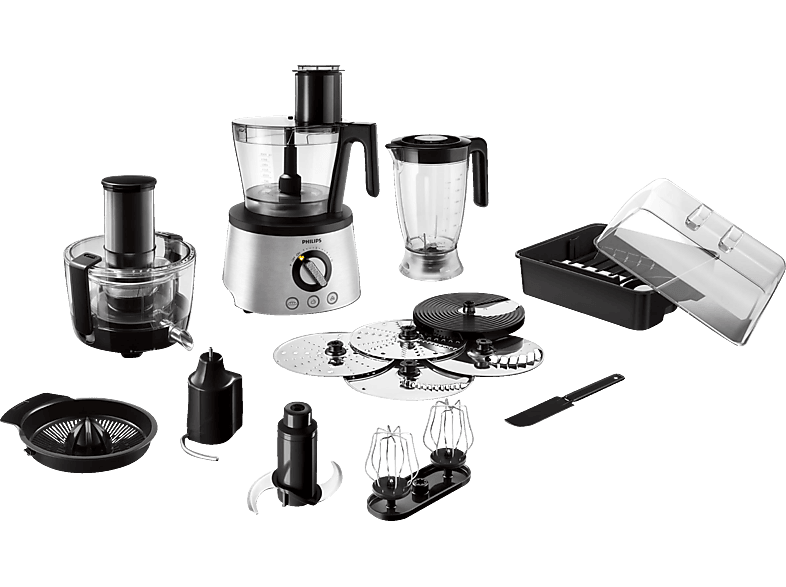 PHILIPS HR7778/00 7000 Series 14 Zubehörteile, 12 Stufen, Kompaktküchenmaschine Schwarz/Silber (Rührschüsselkapazität: 3,4 l, 1300 Watt)