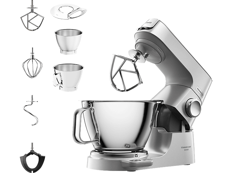 KENWOOD Titanium Chef Baker KVC85.004SI mit integrierter Waage, 2 Edelstahl-Rührschüsseln, viel Zubehör, Küchenmaschine Silber (Rührschüsselkapazität: 5 l, 1200 Watt)