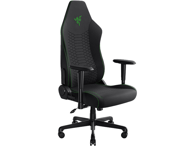 RAZER Iskur V2 X - Gaming-Stuhl mit integrierter Lendenwirbelstütze (hochverdichtete Schaumstoffpolster, 2D-Armlehnen, weicher Stoff) Stoff Schwarz Gaming Stuhl, Schlangenlogo in Razer Green