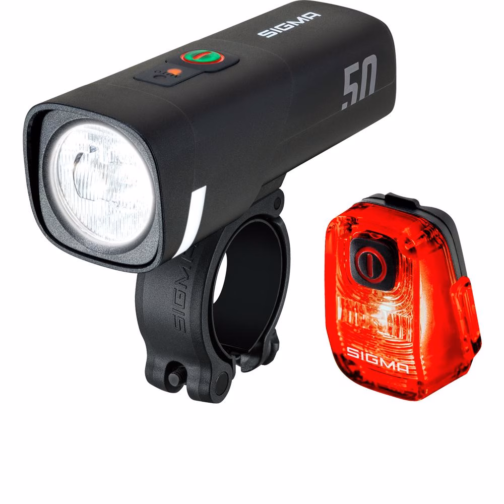 AURA Sigma Licht AURA 50 & HIRO 10 USB-C Akku-Beleuchtungsset Schwarz - 50 Lux Frontlicht - Fahrradbeleuchtungsset - StVZO-konform