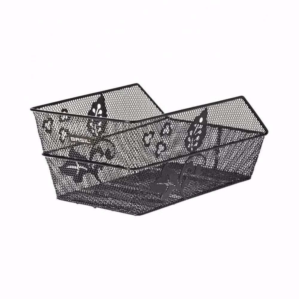 Basil Cento Flower HR-Schultaschenkorb - schwarz engmaschig Stahl festmontiert Blumenmotiv 39x24x20 5 cm stabil bis 10 kg belastbar - Gepäckträgerkorb