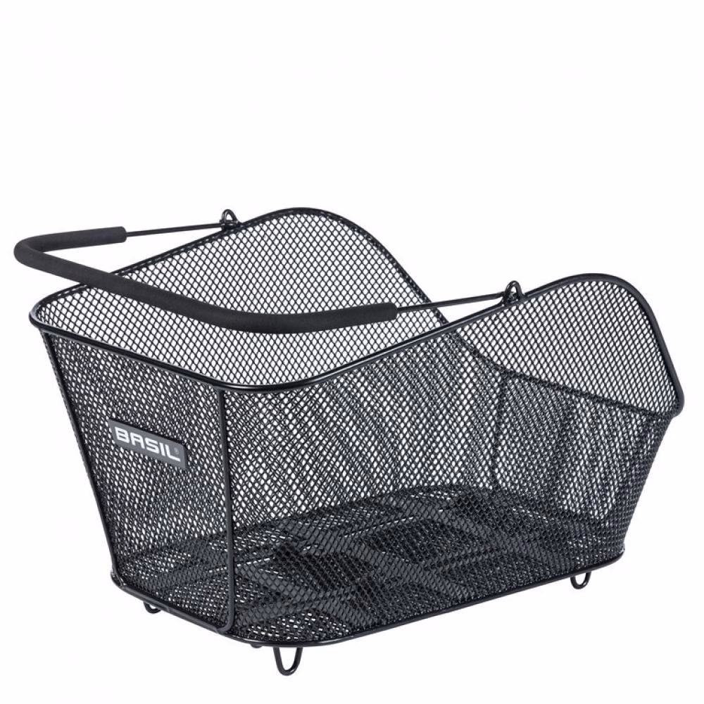 Basil Icon M MIK - schwarzer feingmaschiger Stahl-Hinterradkorb mit MIK-Adapterplatte & Soft-Grip-Henkel (bis 10 kg)