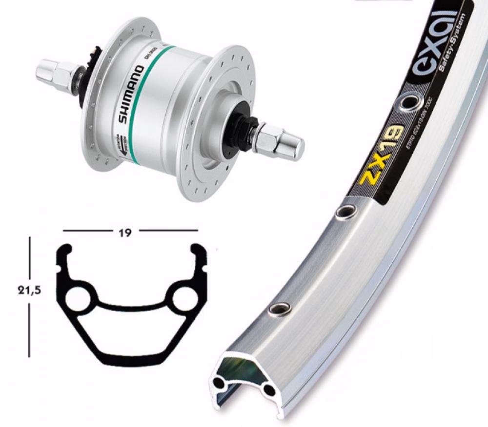 Bike-Parts Laufrad|Vorderrad 26x1.75 Nabendynamo DH-C3003 silber Festachse 36-Loch Exal ZX 19 silber Nirosta-Speichen