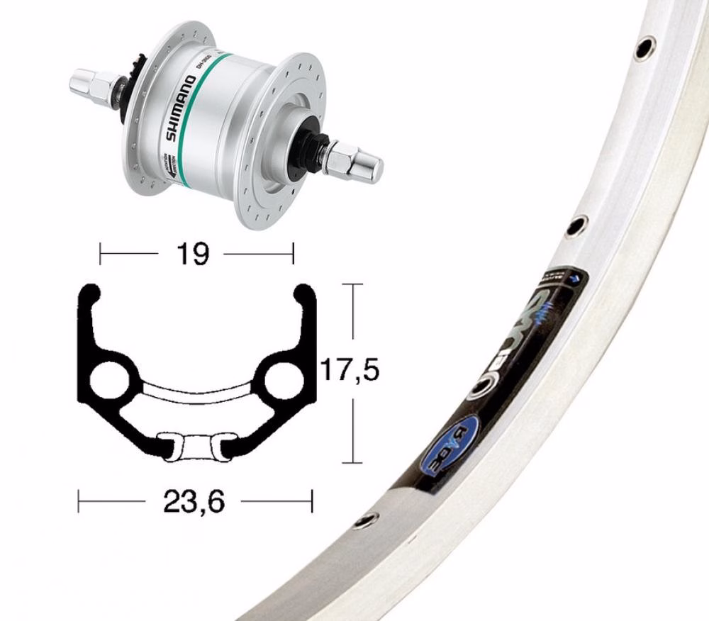 Bike-Parts Laufrad Vorderrad 28x1.75 Nabendynamo DH-C3003 silber Festachse 36-Loch Ryde Zac 19 silber Nirosta-Speichen