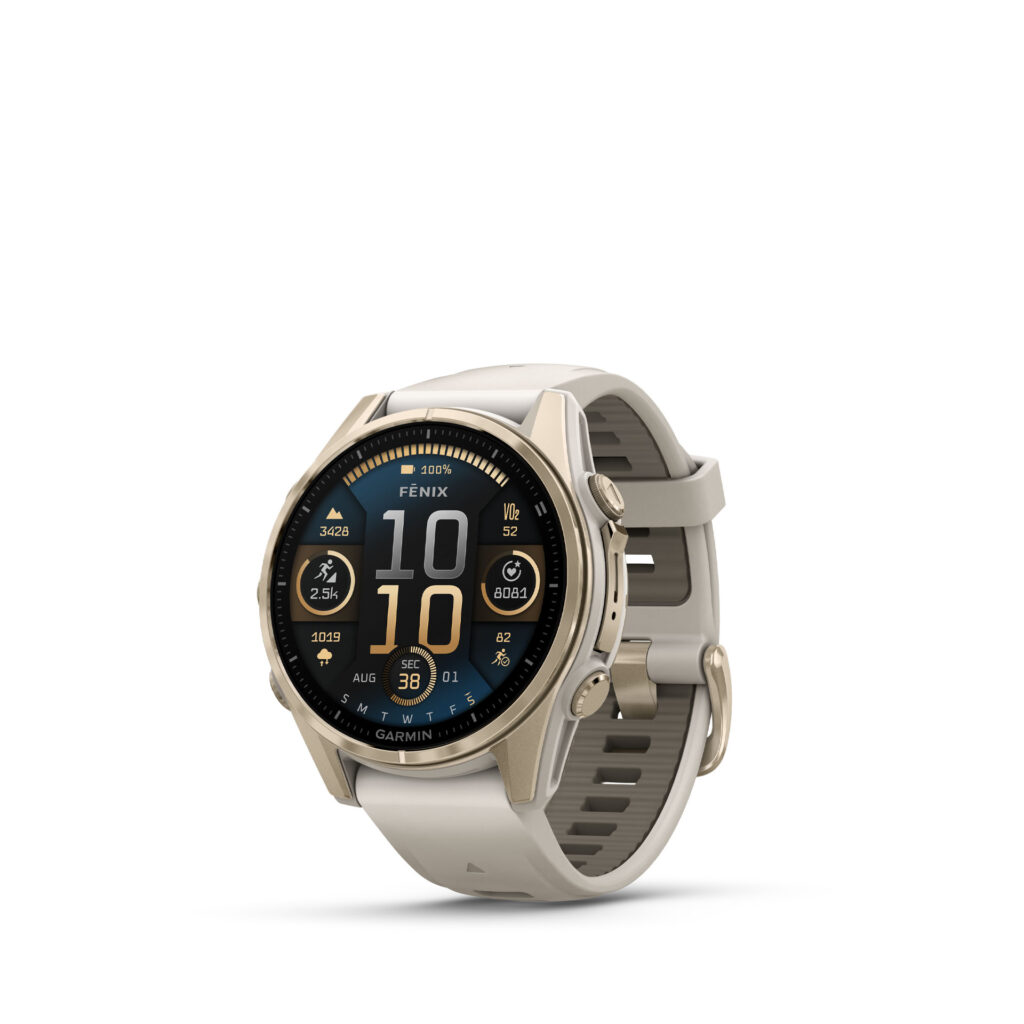 Garmin Fenix® 8 AMOLED Sapphire - 43 mm Multisport-Smartwatch mit QuickFit®-Silikon-Armband 20 mm ⌀ 43mm Gehäuse Nebelgrau/Softgold