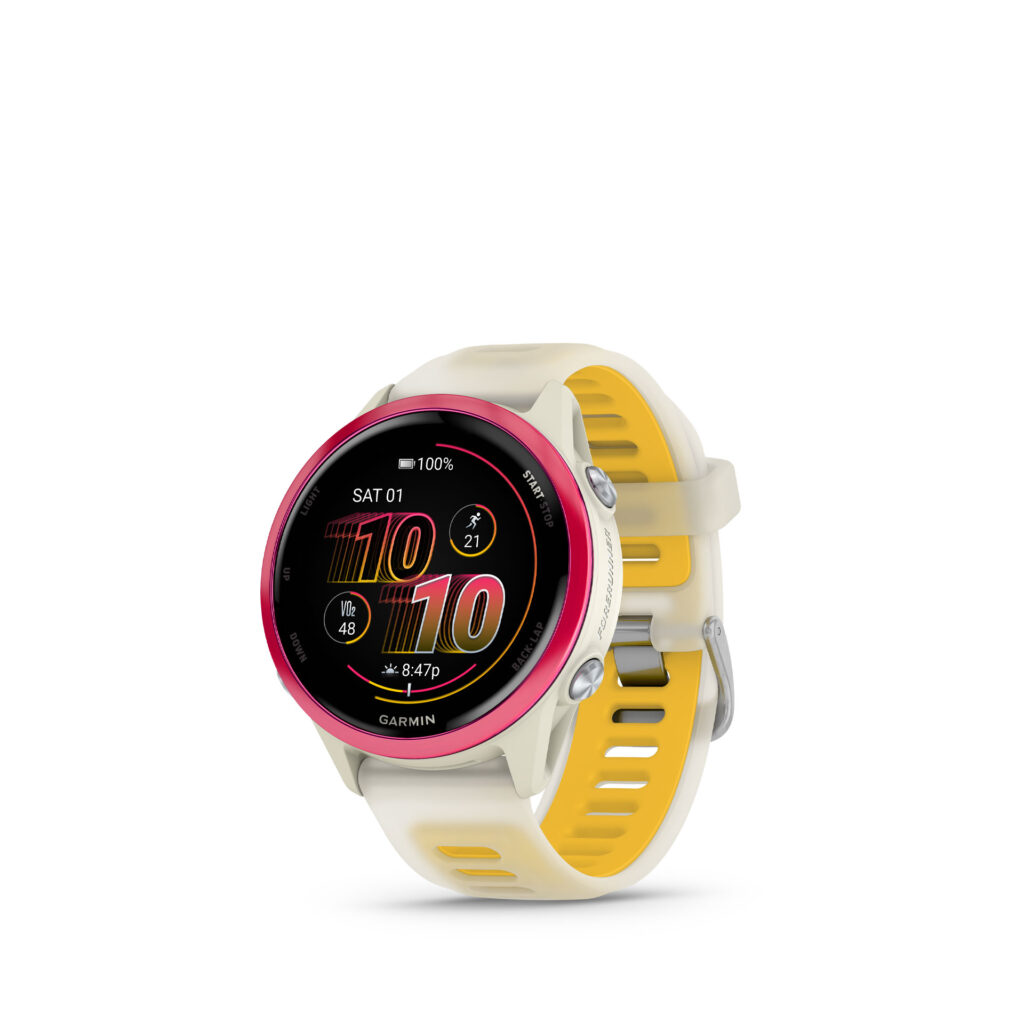 Garmin Forerunner® 570 - 42 mm GPS Laufuhr für Triathlon & Training mit AMOLED-Display & 20mm Silikon-Schnellwechsel-Armband ⌀ 42mm Gehäuse bone/himbeerrot Aluminium