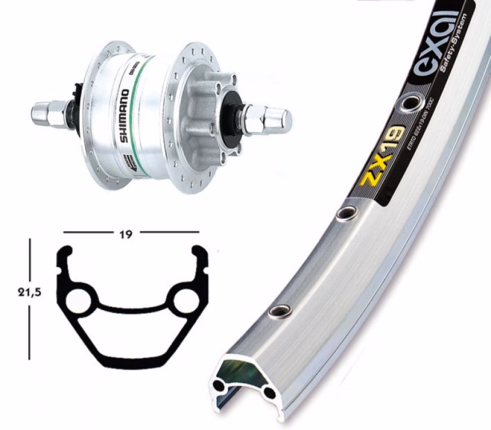 Laufrad|Vorderrad 28x1.75 DH-3D32 6L silber Festachse 36-Loch Exal ZX 19 silber Nirosta-Speichen