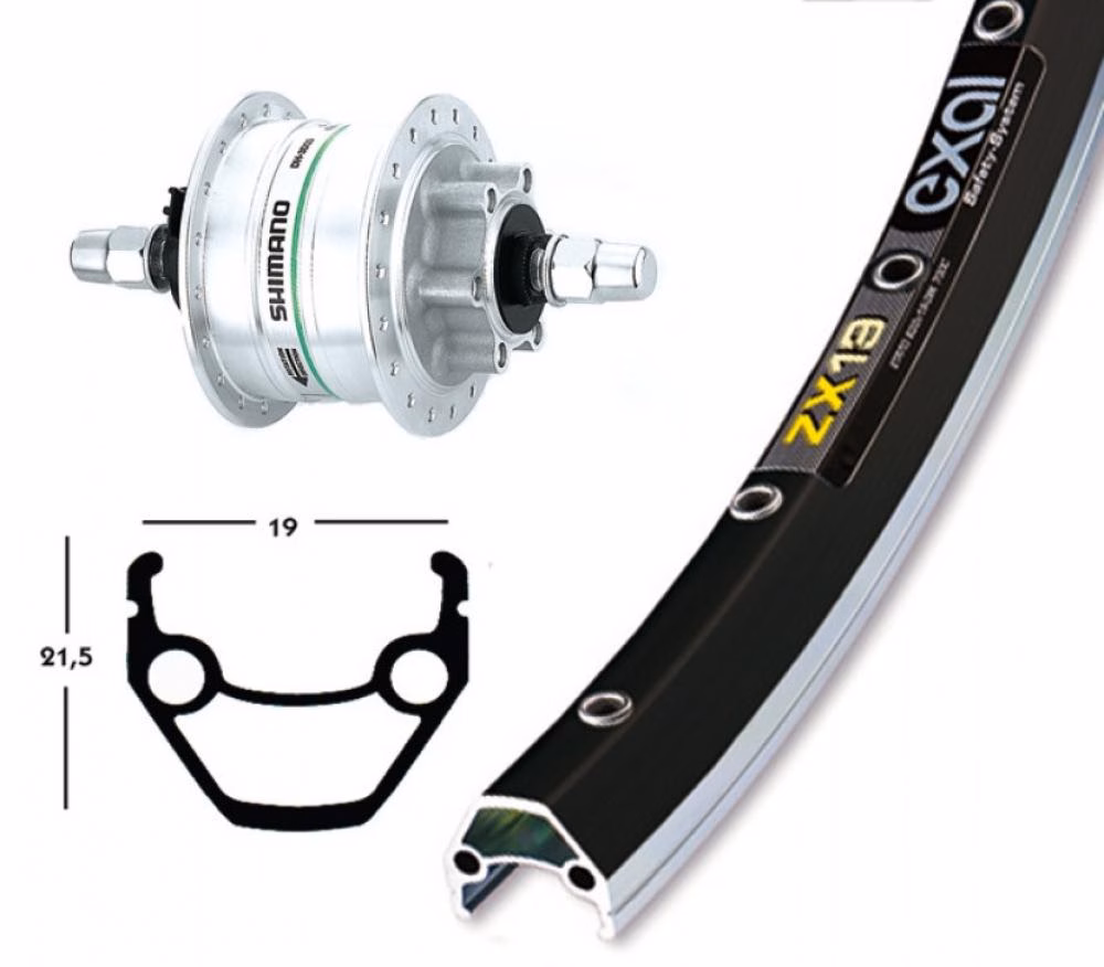 Laufrad|Vorderrad 28x1.75 Zoll DH-3D32 Disc 6-Loch silber Festachse 36-Loch Exal ZX 19 schwarz|silber Nirosta-Speichen