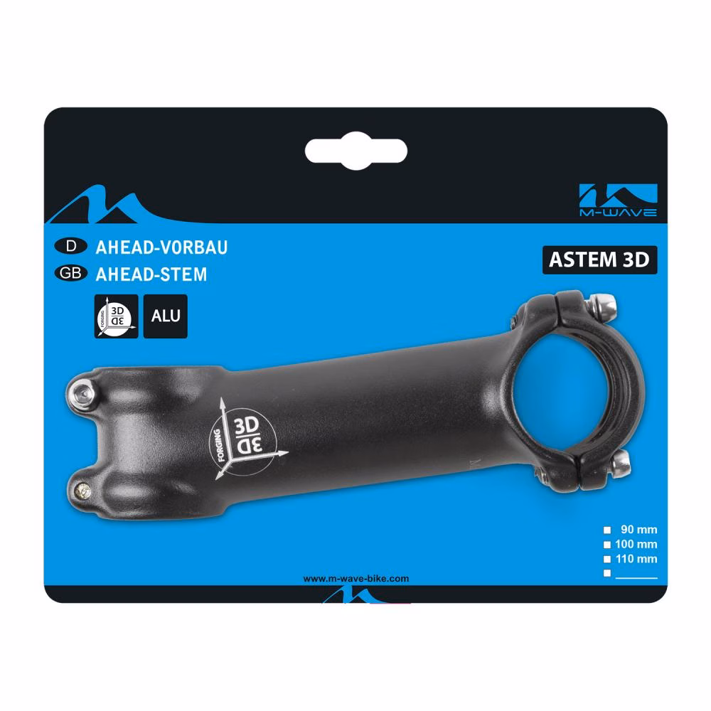 M-WAVE Astem 3D Ahead Vorbau schwarz 90 mm - Aluminium 3D geschmiedet, 119 g, 1 1/8" Gabelschaft, Ø31,8 mm Lenkerklemmung, Winkel 7°, hohe Stabilität