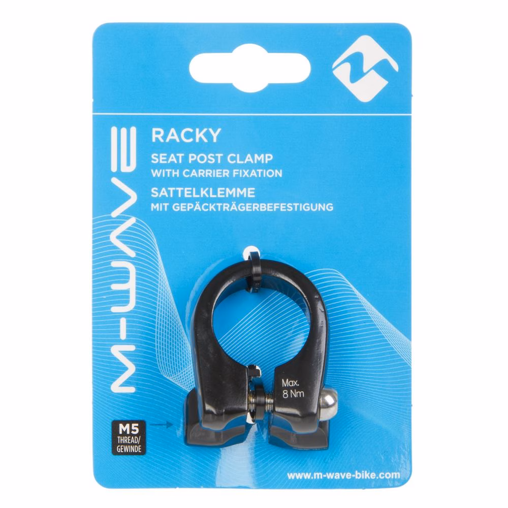 M-Wave Racky Sattelklemme Alu 34,9 mm schwarz mit M5-Gewindeösen für Gepäckträger, max. 8 Nm