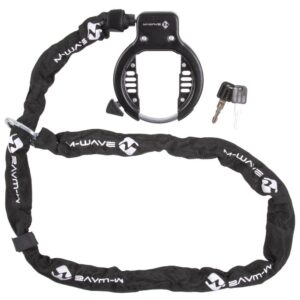 M-WAVE Ringchain Rahmenschloss mit Kette Rahmenschloss mit befestigter Kette, Schlüssel, 63 mm Öffnung, Kettenlänge 1.500 mm