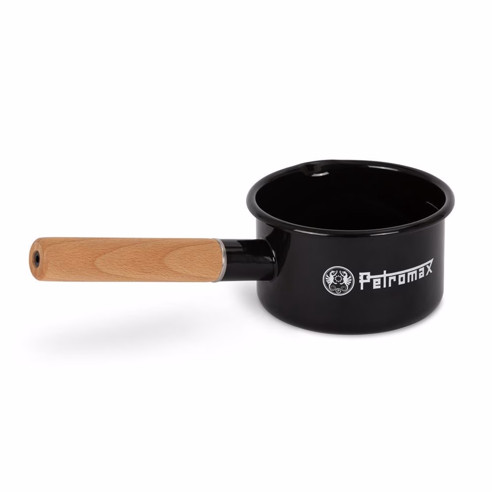 Petromax Emaille Stieltopf 1 Liter schwarz  Leichter, robuster Topf mit kratzfester Oberfläche, Innenskalierung und Holzgriff als Hitzeschutz, ideal für Camping und alle Herdarten