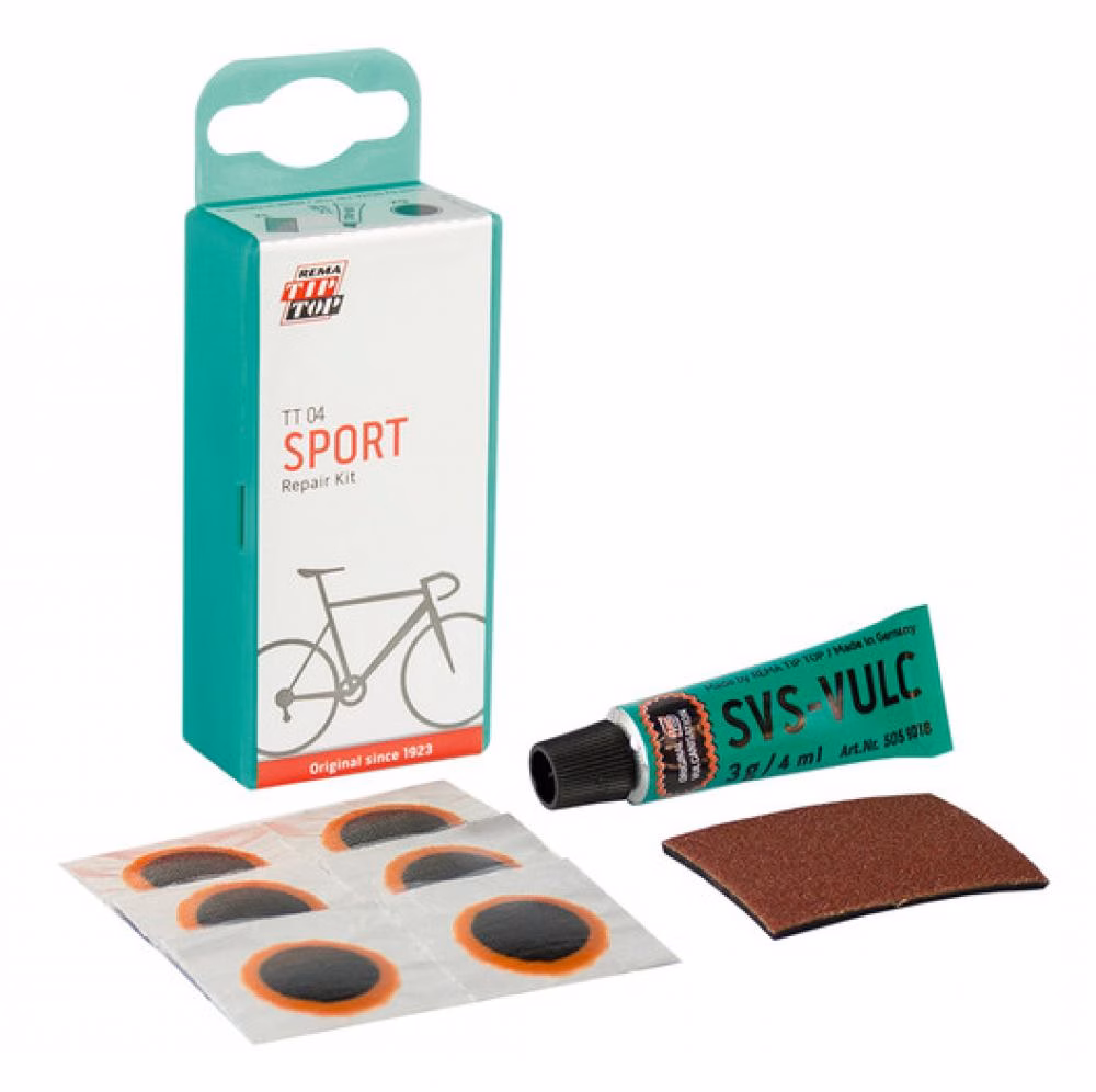 Rema Tip Top Flickzeug TT04 - Reparatur-Set für Fahrradschläuche, 6 Flicken (Größe F0), Vulkanisierflüssigkeit, Rauhpapier, SB-Verpackung