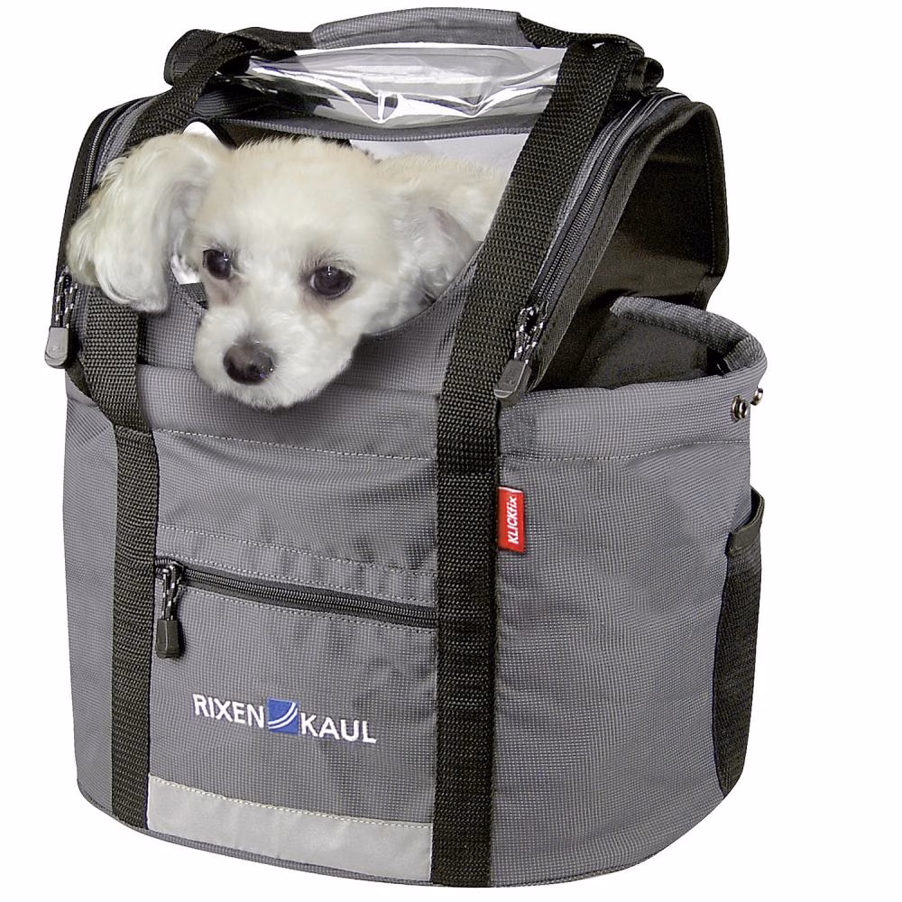 Rixen & Kaul KLICKfix Hundetasche DOGGY, 24 Liter, grau/schwarz, für Hunde bis 7 kg, mit Wind-/Regenschutz, Tragegriff, Reflektor, ohne Adapter