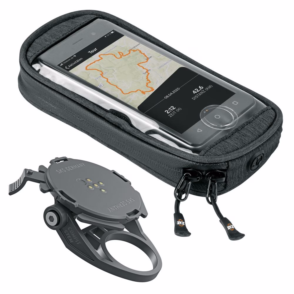 SKS GERMANY COMPIT/STEM & COM/SMARTBAG: Wasserdichte Smartphone-Halterung für den Vorbau, inklusive Tasche mit Touchscreen-Bedienung und zusätzlichem Stauraum