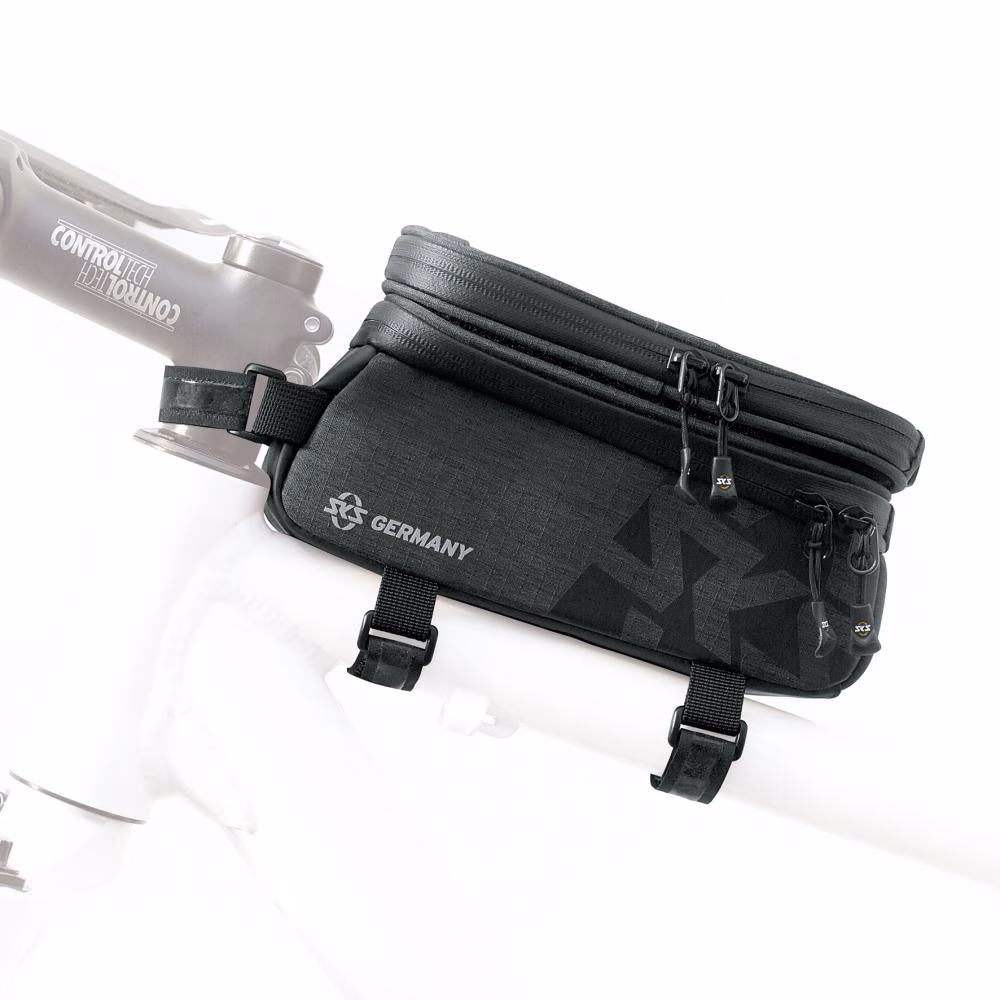 SKS Oberrohrtasche Traveller Smart schwarz - Wasserdichte Rahmentasche mit Touchscreen-kompatiblem Smartphone-Fach, 200x100x11mm, ideal für Trekking- und Rennräder