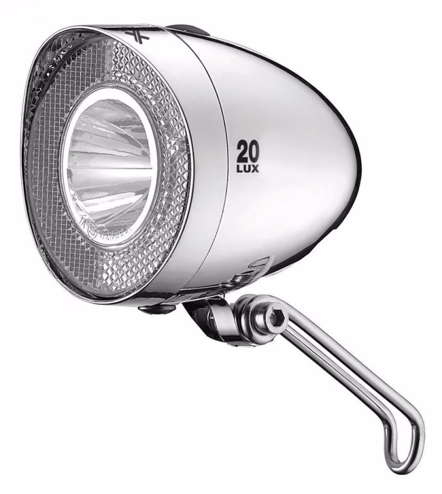 XLC Retro LED Fahrrad-Scheinwerfer, batteriebetrieben, 20 Lux, StVZO-zugelassen, Chrom, wasserbeständig, inklusive Reflektor und Edelstahl-Halterung